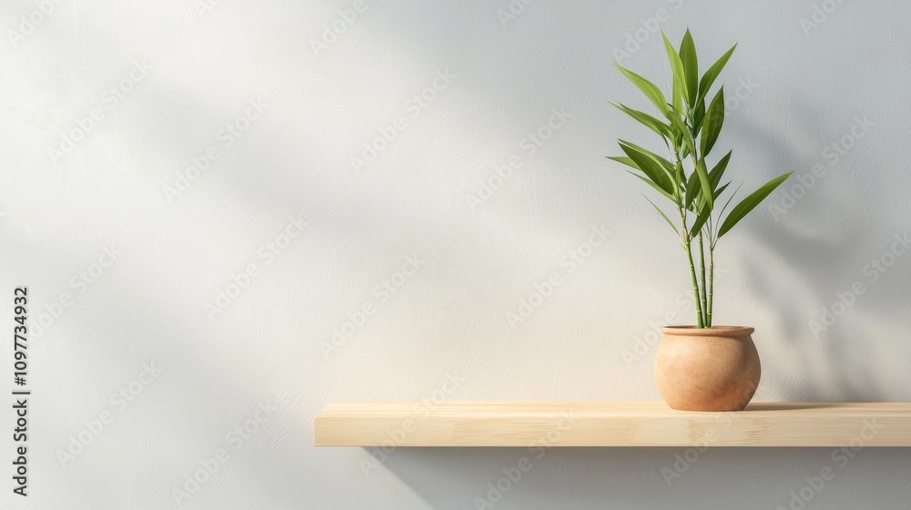 A plant is sitting on a shelf in front of a white wall