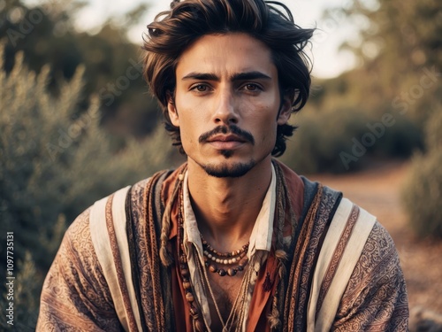 A young man in bohemian-style clothing with layered patterns, exuding artistic and free-spirited vibes photo