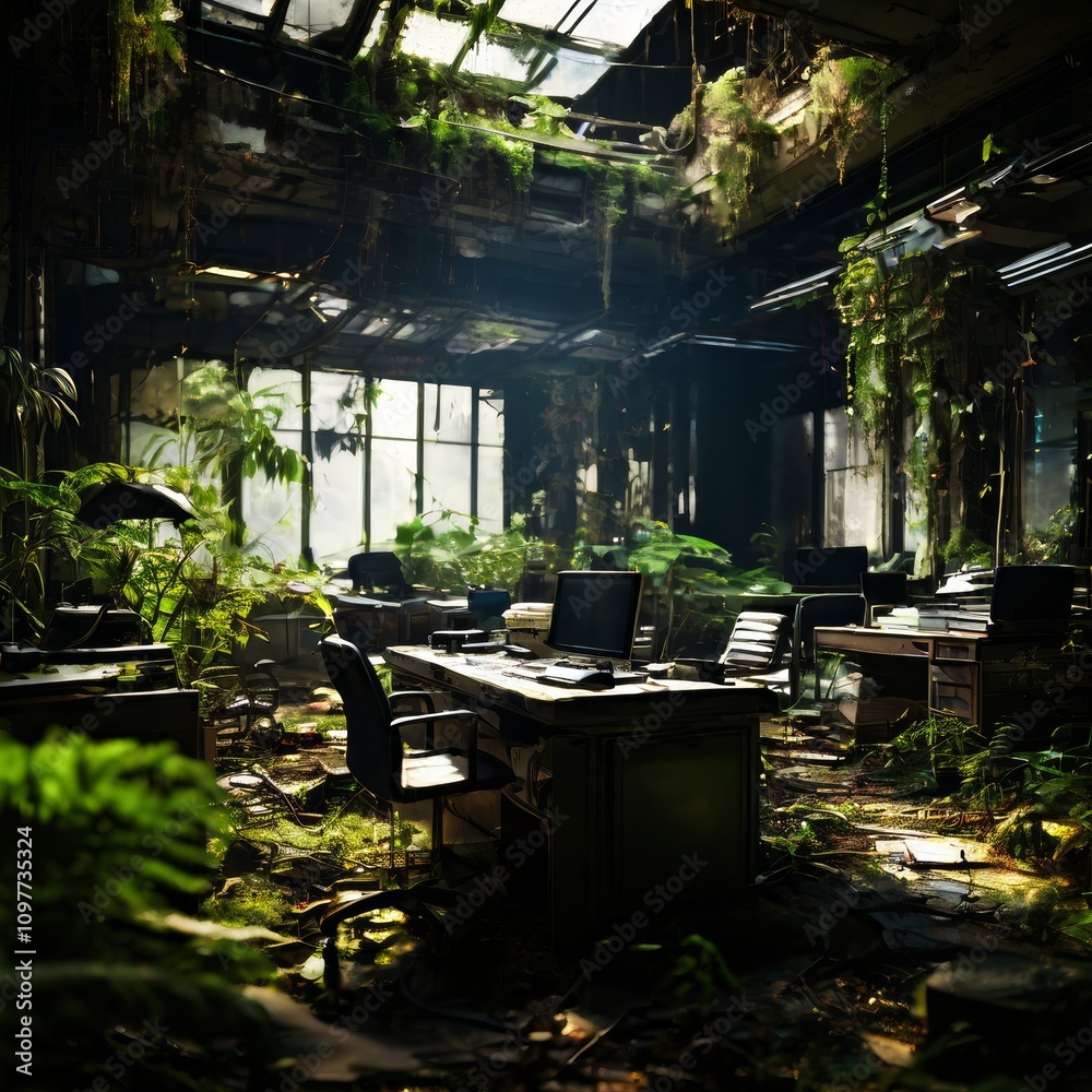 Fototapeta premium An abandoned office space overtaken by nature, with plants and greenery growing through the floors and windows. The scene creates a contrast between urban decay and natural growth, offering a post