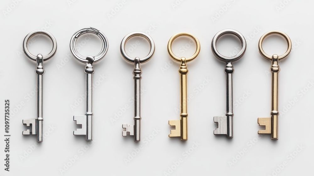 Six antique keys arranged in a neat row Six antique keys arranged in a neat row