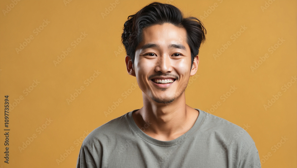 Fototapeta premium smiling south korean man wearing casual clothes on yellow background