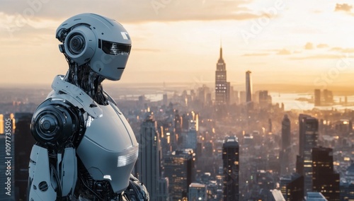 Sleek White Humanoid Robot Overlooking City Skyline Description: