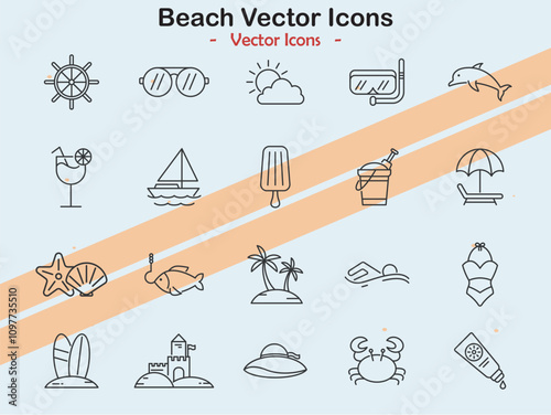 Icons representing beach and summer themes in vector style