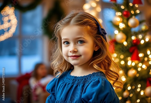 Adorable Girl in Blue Dress near Christmas Tree Festive Holiday Portrait
