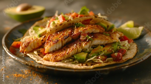 of a plate of fresh fish tacos made with crispy grilled fish avocado cabbage tomatoes and fresh lime on golden corn tortillas