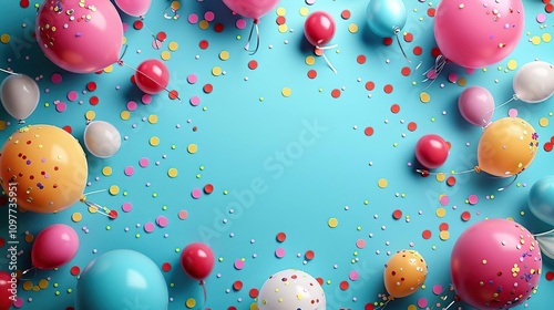 many balloons and confetti on a blue surface photo