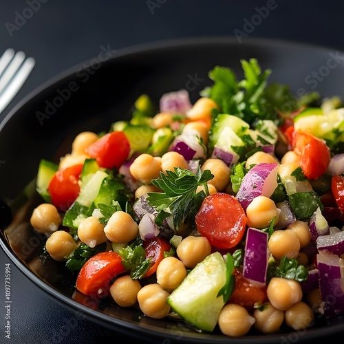 Healthy Fresh Vegan Chickpea salad with cucumber and tomatoes