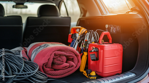 Emergency car kit with blanket and tools in vehicle trunk