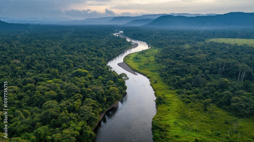 Aerial View of River Winding Through Lush Rainforest Aerial View of River Winding Through Lush Rainforest