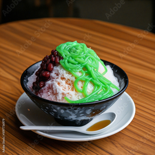 Cendol, malaysian shaved ice dessert with coconut milk, red beans, and palm sugar