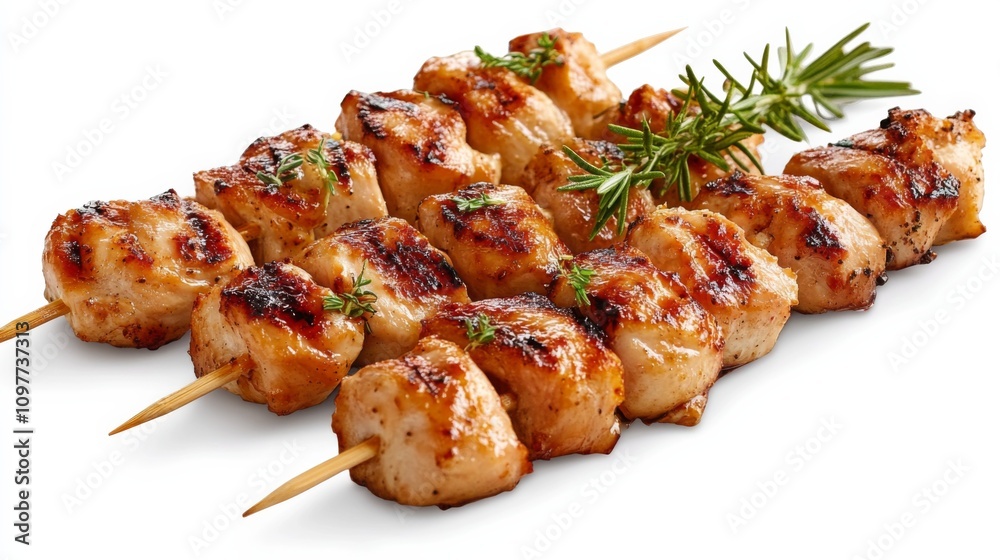 Hyper-realistic Grilled Chicken Skewers on White Background - Detailed Food Photography, Isolated Image for Adobe Stock Hyper-realistic Grilled Chicken Skewers on White Background - Detailed Food Photography, Isolated Image for Adobe Stock