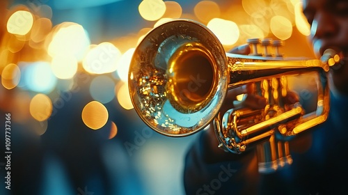 Close-up of a musician playing a trumpet at a nighttime event.