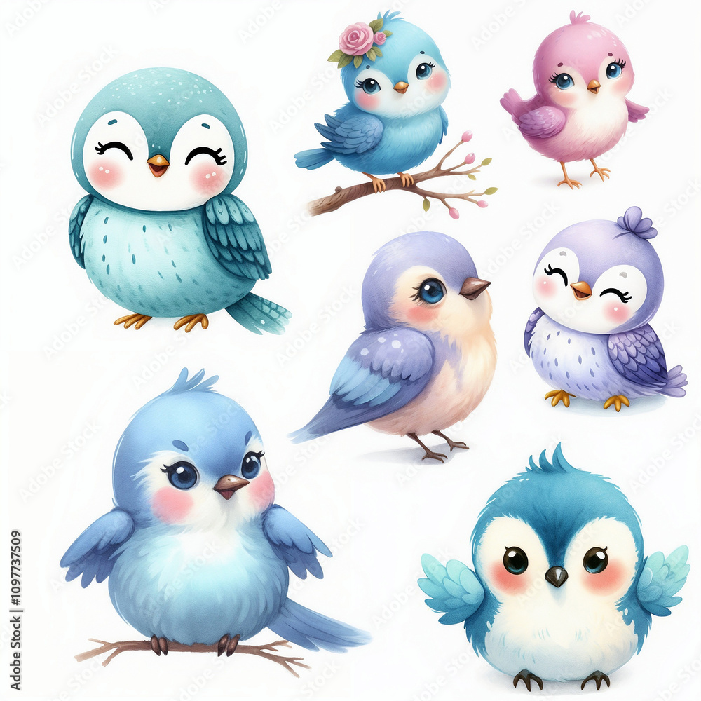 Cute cartoon birds with various colors and expressions on white background. AI Cute cartoon birds with various colors and expressions on white background. AI