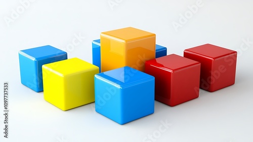 A collection of colorful, glossy building blocks arranged playfully on a light background.