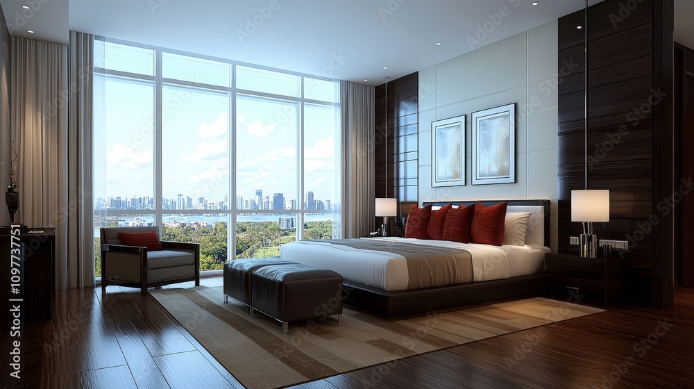 Modern Bedroom Interior Design City View Luxury Bed Red Pillows Artwork Modern Bedroom Interior Design City View Luxury Bed Red Pillows Artwork