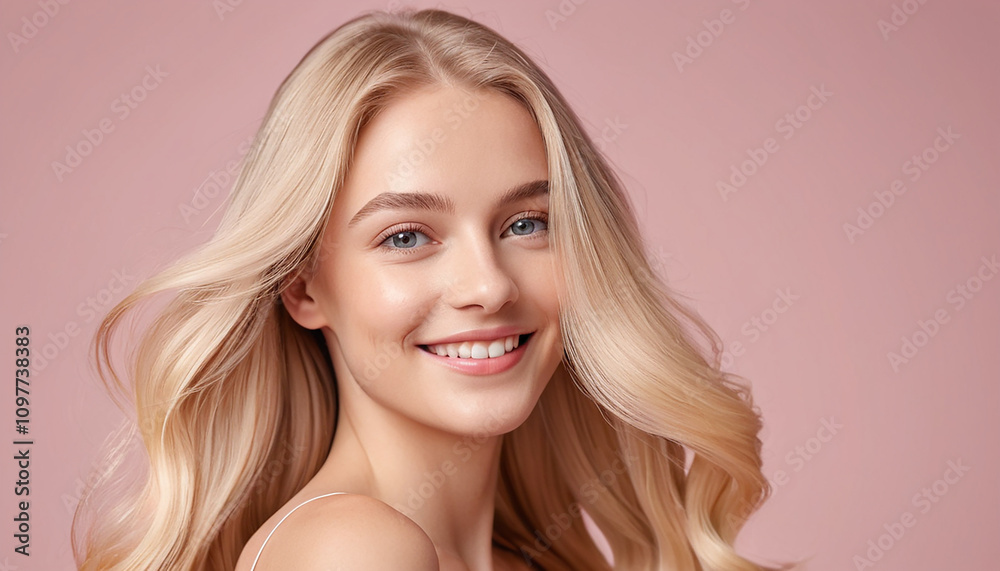 Smiling Young Woman with Luminous Blonde Hair on Pastel Pink Background – Hair Care Banner Template Smiling Young Woman with Luminous Blonde Hair on Pastel Pink Background – Hair Care Banner Template
