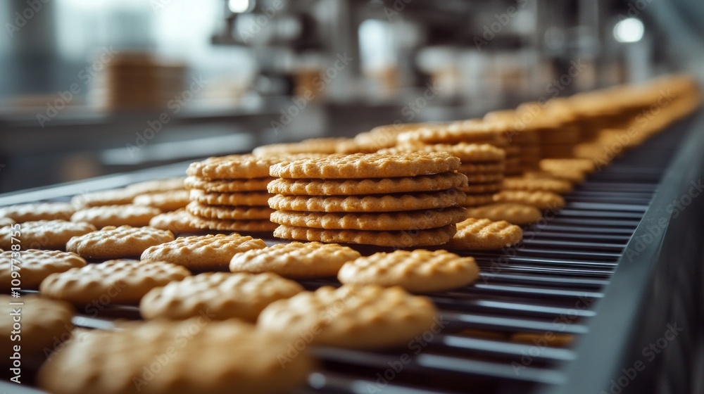 A conveyor belt is filled with cookies A conveyor belt is filled with cookies