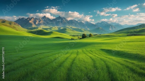 Lush green fields under a clear blue sky with distant mountain range