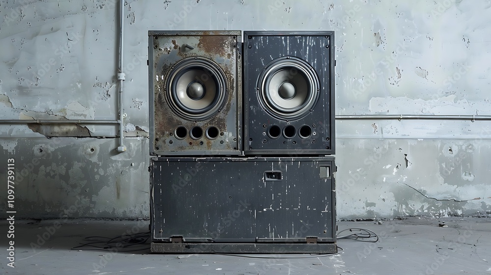Old powerful large industrial audio speakers isolated on gray background Old powerful large industrial audio speakers isolated on gray background