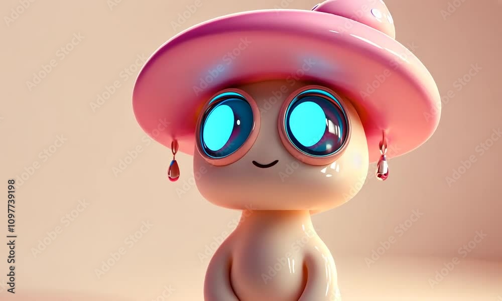 Cute 3D rendered mushroom character with big eyes and pink hat, dripping water. Cute 3D rendered mushroom character with big eyes and pink hat, dripping water.