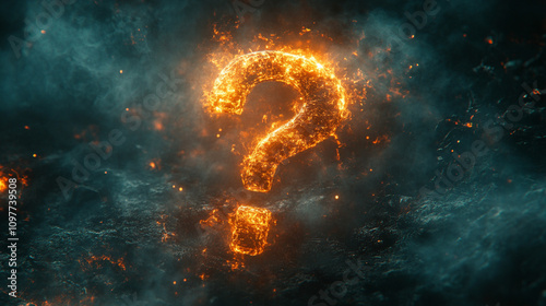 glowing question mark in a dimly lit abstract background symbolizing uncertainty, curiosity, and the search for answers in a world full of mysteries and possibilities photo