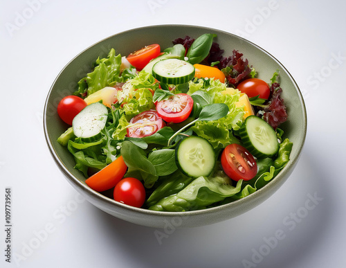 A vibrant bowl of fresh salad showcasing tomatoes, cucumbers, and lettuce, perfect for a healthy meal.