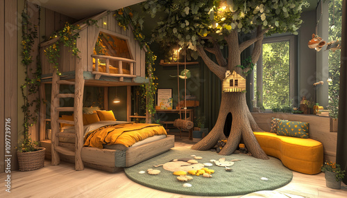 Modern room with a woodland theme, featuring a treehouse bed, nature-inspired decor, and playful colors. Perfect for young nature lovers and adventurers