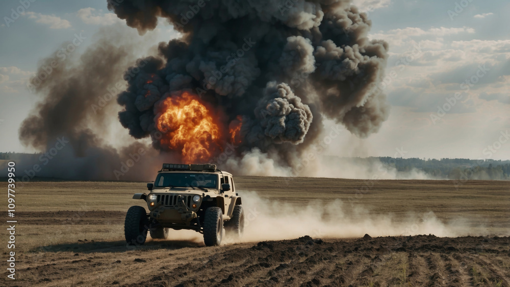 Fototapeta premium Military vehicle maneuvers through explosion in dramatic field environment