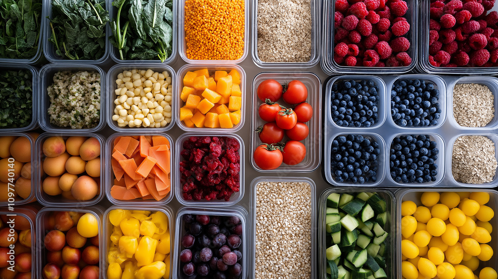 Neatly arranged meal prep containers with rainbow-colored fruits, grains, and leafy greens - Organized and vibrant, soft afternoon light Neatly arranged meal prep containers with rainbow-colored fruits, grains, and leafy greens - Organized and vibrant, soft afternoon light