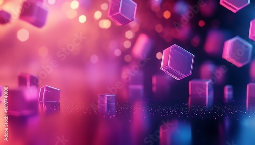 Abstract floating cubes in vibrant colors, creating a futuristic digital atmosphere.