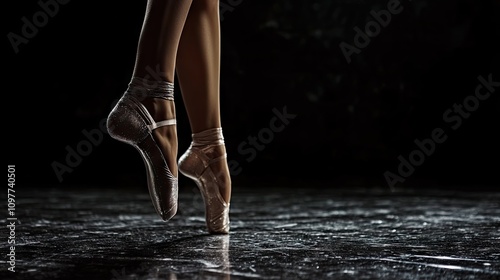 Graceful ballet dancer en pointe, captured in soft lighting, showcasing elegance and strength in dance. photo