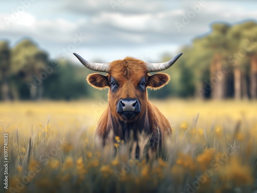 Majestic Banteng close up with horns and detailed fur in savanna light