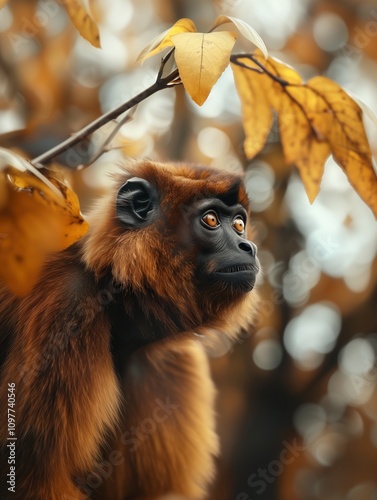 Detailed view of a Brown woolly monkey, Lagothrix lagotricha, in a forest setting