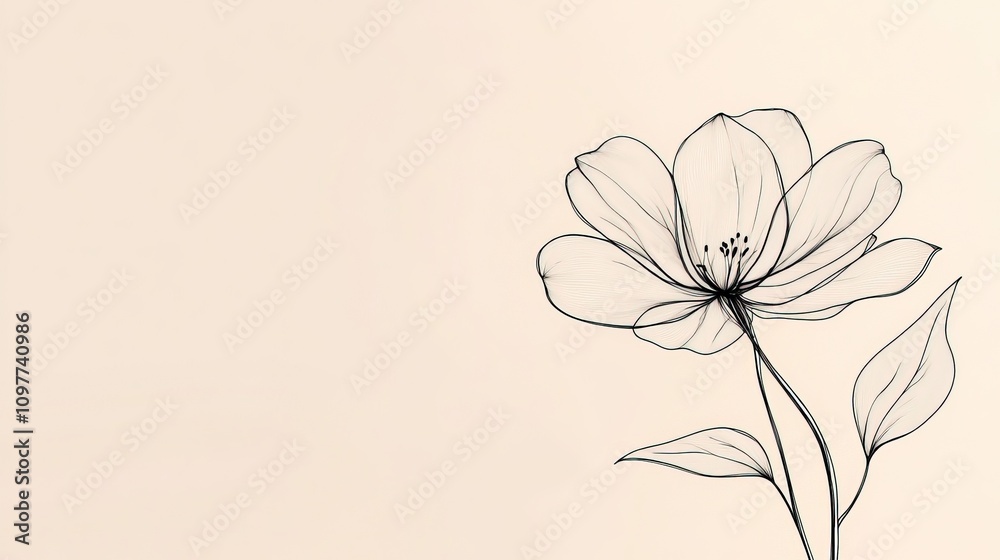 Naklejka premium Elegant line art floral design, delicate flower illustration on beige background.