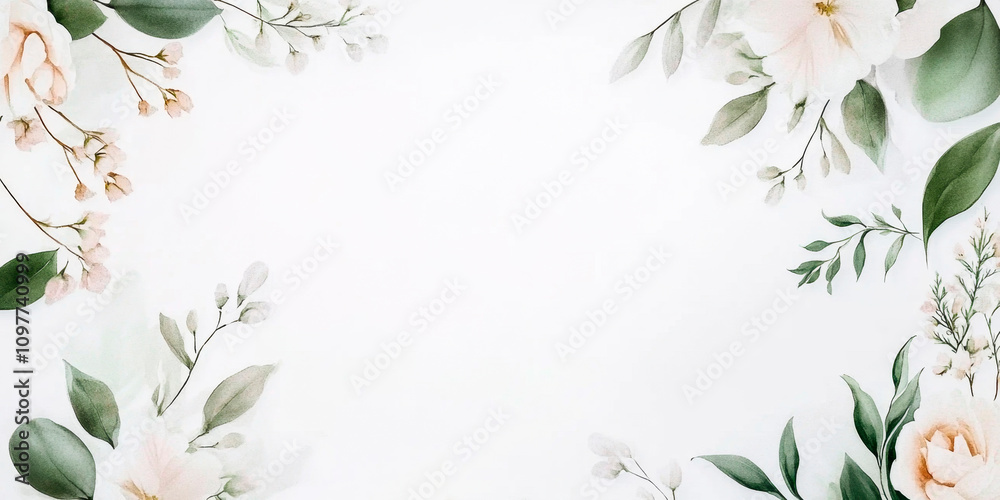 Botanical frame on a white background with soft watercolor leaves and delicate floral details, space for text Botanical frame on a white background with soft watercolor leaves and delicate floral details, space for text