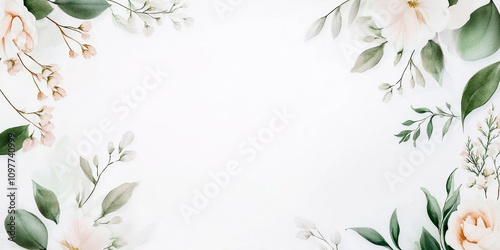 Botanical frame on a white background with soft watercolor leaves and delicate floral details, space for text