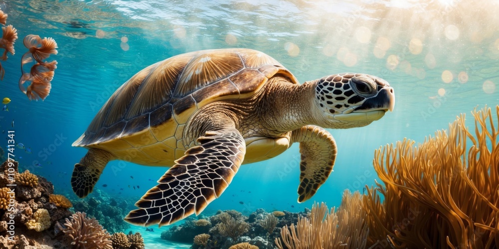 Obraz premium Green sea turtle swims gracefully through a vibrant coral reef in clear waters