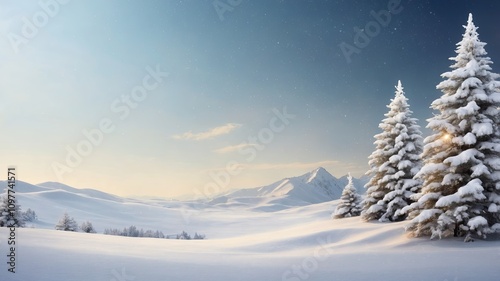 Snow-covered landscape with evergreen trees and distant mountains during winter