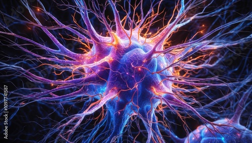 Detailed visualization of a neuron showcasing intricate structure and connections