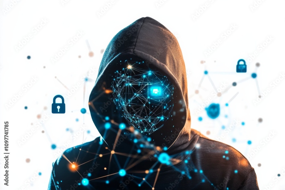 Fototapeta premium Enhancing Online Safety: Hacker Illustration Symbolizing Cybersecurity on White Background