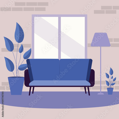 Cozy modern interior, stylish living room design in pastel blue and gray shades. Flat vector. 

