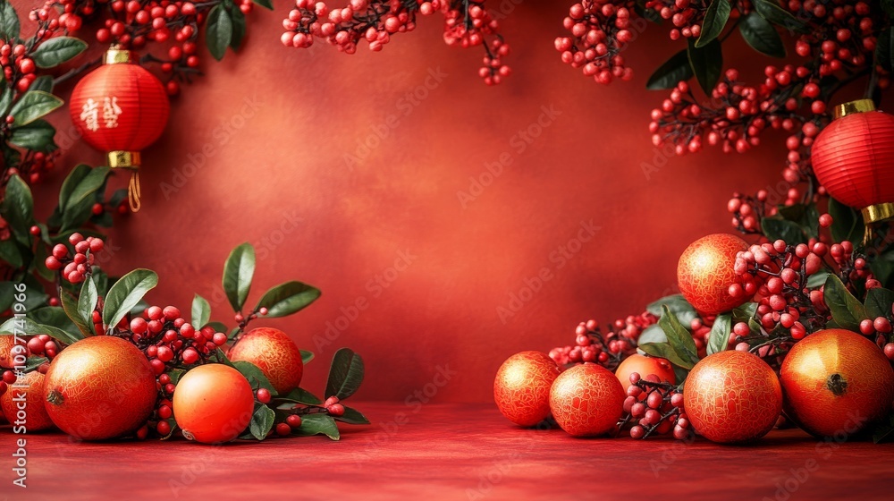 Red lanterns and red flowers create a vibrant scene, ideal for Chinese New Year, festive events, or cultural themed designs Red lanterns and red flowers create a vibrant scene, ideal for Chinese New Year, festive events, or cultural themed designs