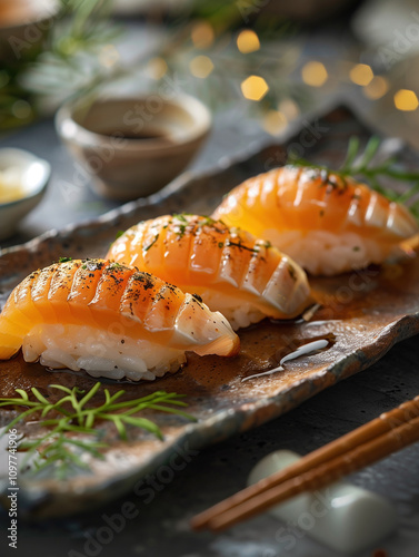 Japanese sushi Akagai Nigiri, Seared Ark shell clam dark background, detailed setting Nigiri photo photo