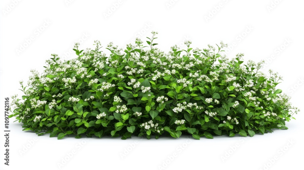 Isolated Dense Green Bushes with Small White Flowers on White Background - Cut Out Shot Isolated Dense Green Bushes with Small White Flowers on White Background - Cut Out Shot
