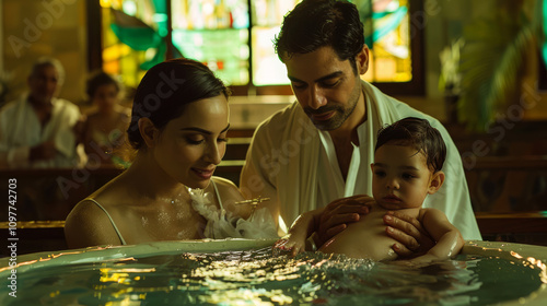 Sacred baby baptism ceremony with parents in church. Holy water and spiritual blessing.