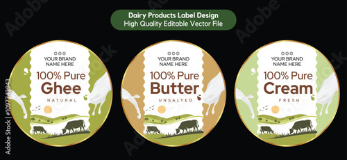 Cow Milk Butter Label, Fresh Cream Label, Pure Ghee Label design Elegant and Natural Dairy Product Packaging Vector Illustration Premium Quality Editable File