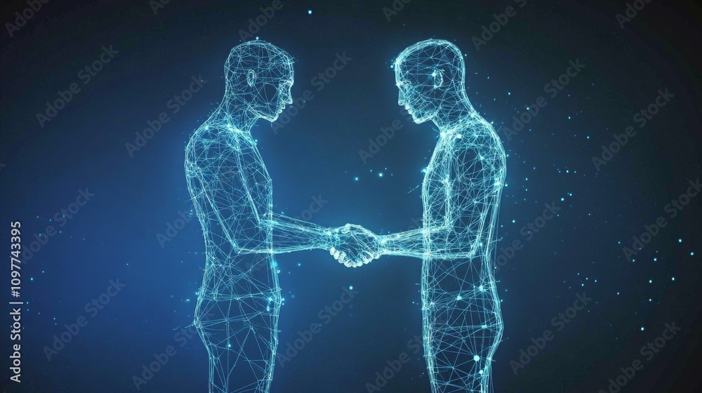Transformative Technology Partnership Concept: Future Blue Handshake Between Businessman and Digital Avatar - Illustration Transformative Technology Partnership Concept: Future Blue Handshake Between Businessman and Digital Avatar - Illustration