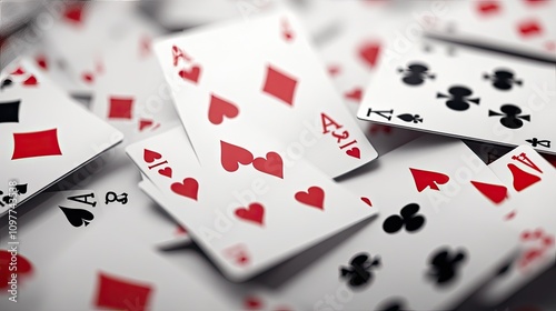 A vibrant spread of playing cards with red hearts and black clubs, creating an engaging and dynamic composition. photo