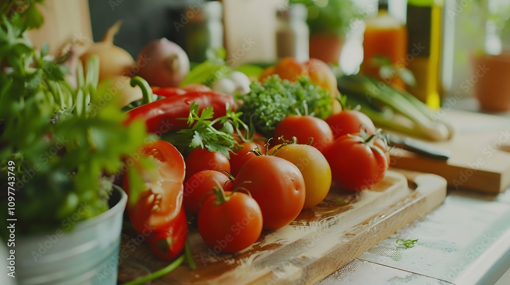 Organic fresh vegetables on a tray in the kitchen healthy raw food concept