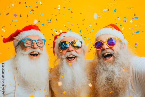 Three men in Santa hats and sunglasses pose